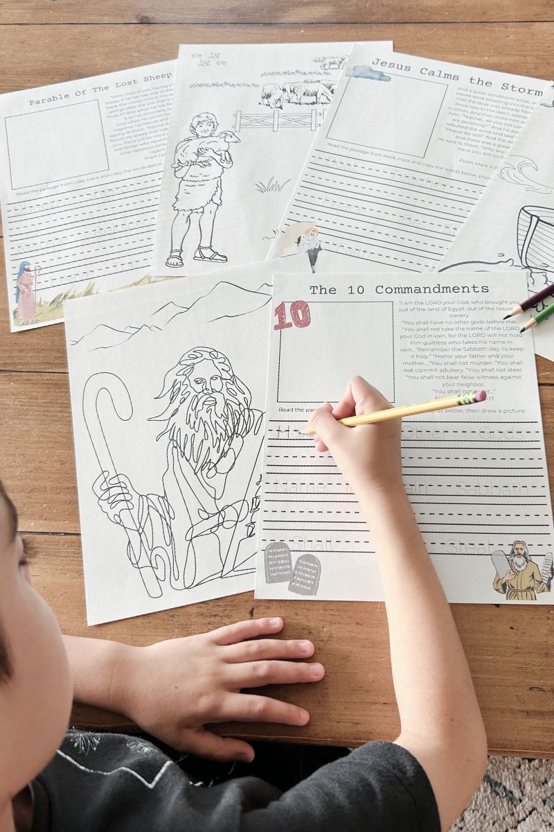bible story worksheets on table